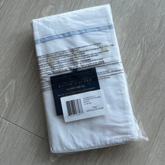 Ralph Lauren Palmer Percale Two King Pillowcases White Sky Blue Organic Cotton